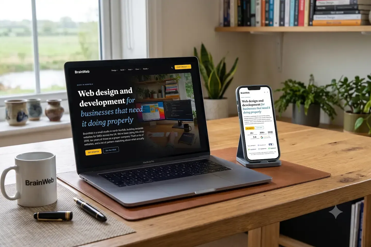 A mockup of our new website on a laptop and mobile phone. The screenshots were taken while the website was under development, and the mockup was put together using Gemini. 