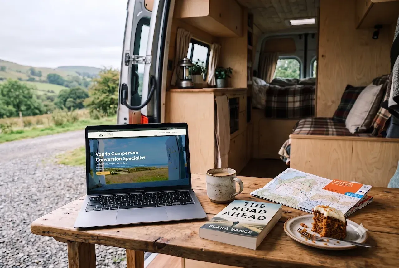 Laptop show the Norfolk Van2Camper Conversions website. Mock created with a real screenshot of the live website, and a Gemini generated background. 